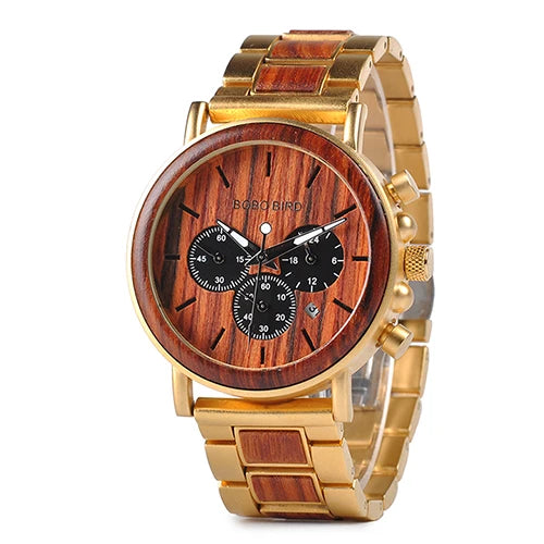 Bobobird relógio masculino de luxo, cronógrafo de quartzo, relógio de pulso personalizado, pulseira de metal e madeira, caixa de presente
