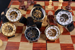Forsining logotipo 3d design oco gravura preto caso dourado esqueleto de couro relógios mecânicos masculino marca luxo heren horloge