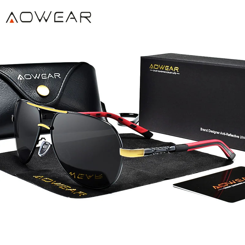 Aowear aviação polarizada óculos de sol dos homens de alumínio espelho de condução óculos de sol masculino marca designer retro acessórios gafas