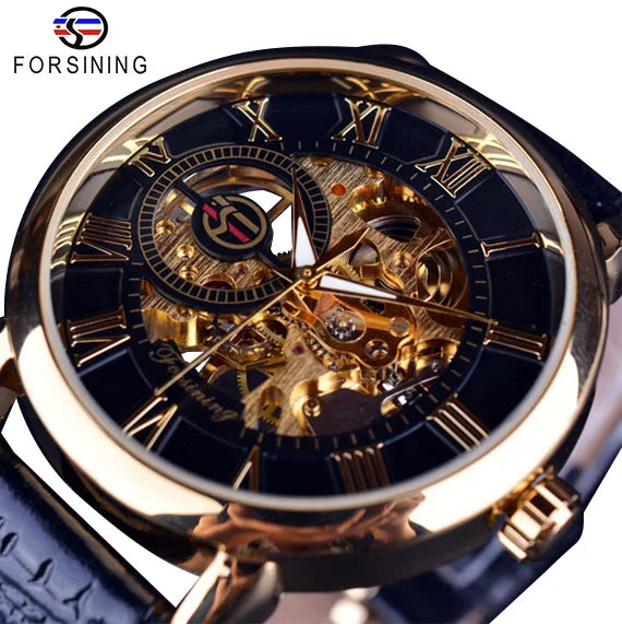 Forsining logotipo 3d design oco gravura preto caso dourado esqueleto de couro relógios mecânicos masculino marca luxo heren horloge