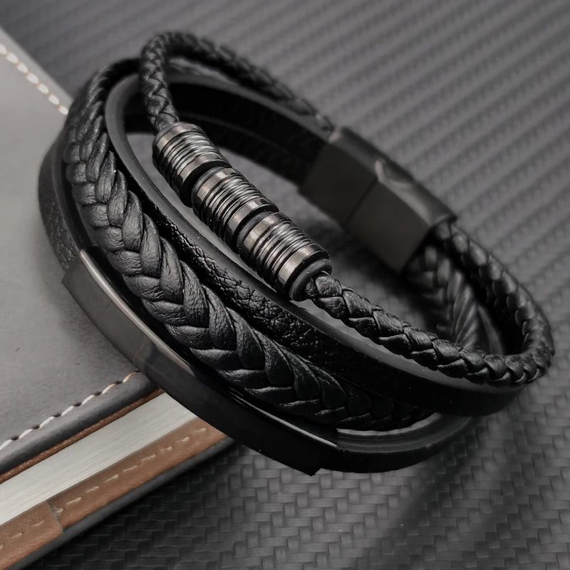 Grânulos de aço inoxidável luxo charme masculino pulseira fecho magnético trançado mutilayer couro embrulho punk pulseiras homem jóias presente