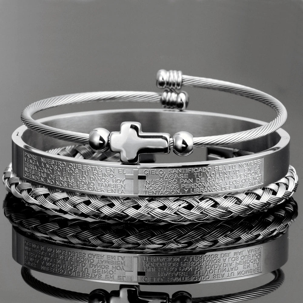 Conjunto de braceletes cruzados em aço inoxidável para homens, escultura em escrituras espanholas, jóias de luxo, Hip Hop, aberto, marca