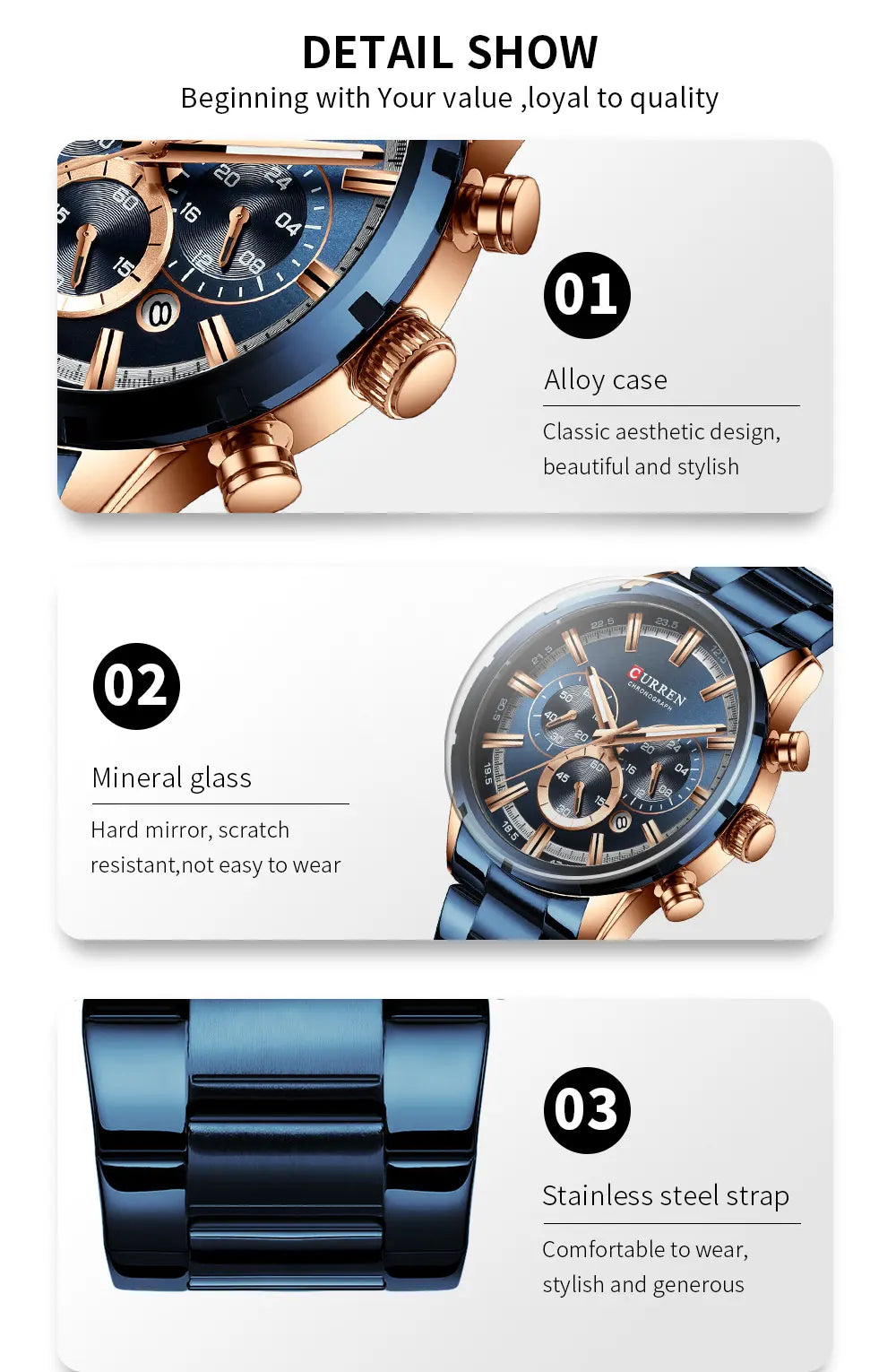 CURREN relógio de pulso masculino, relógio azul de aço inoxidável com pulseira data relógios luxuosos à prova d'água para homens de negócios