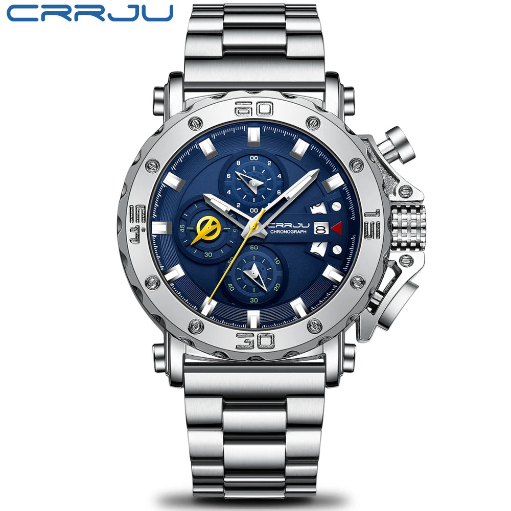 Relogio masculino crrju esporte cronógrafo relógios masculinos marca superior de luxo aço completo relógio quartzo à prova dwaterproof água grande dial relógio masculino