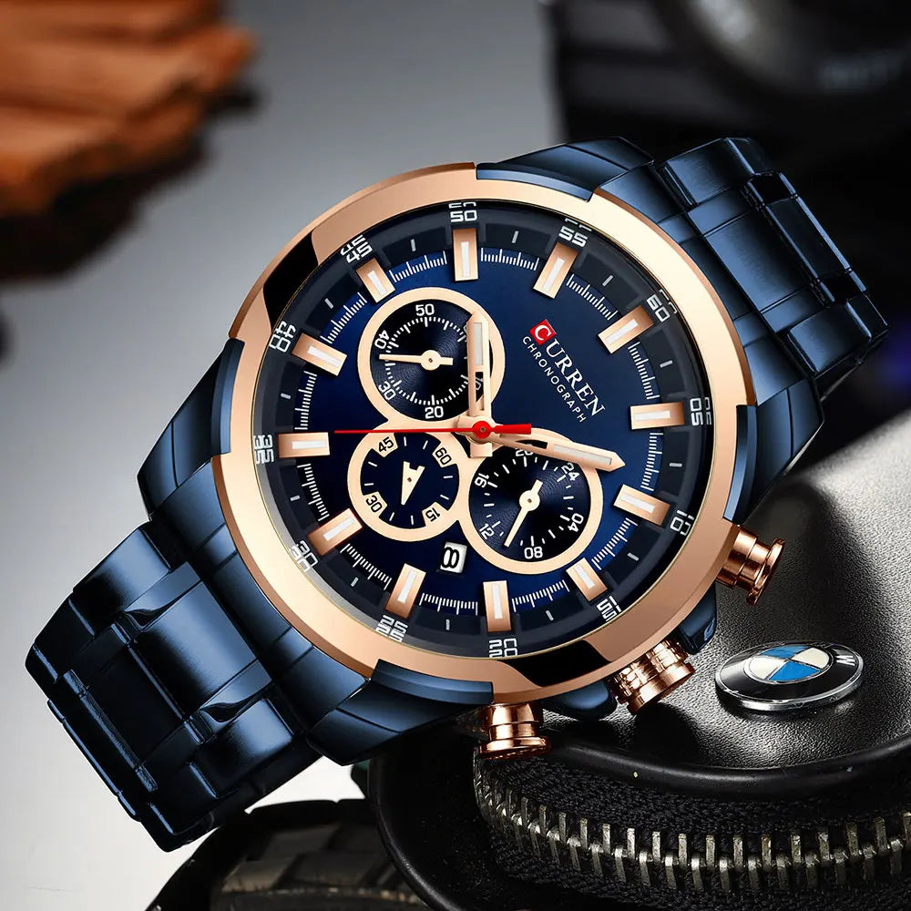 Curren relógios masculinos marca superior grande esporte relógio de luxo militar aço quartzo relógios pulso cronógrafo design ouro relógio masculino