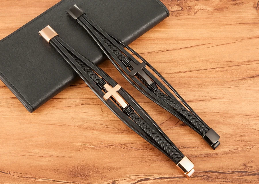Xqni luxo multicolorido cruz design clássico aço inoxidável pulseira de couro masculino 19/21/23cm escolher bonito presentes de natal