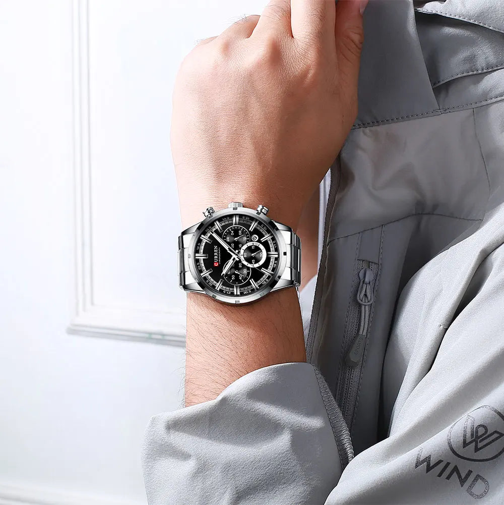 CURREN relógio de pulso masculino, relógio azul de aço inoxidável com pulseira data relógios luxuosos à prova d'água para homens de negócios
