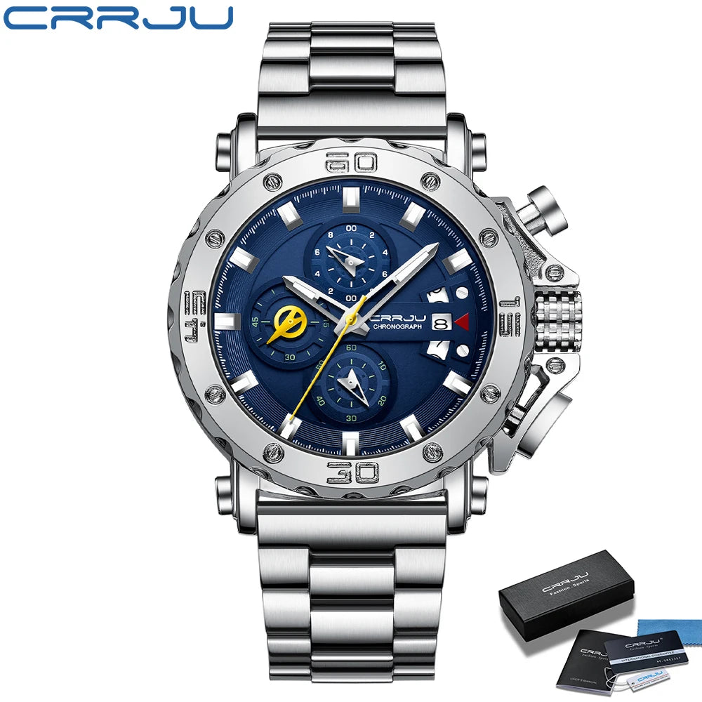 Relogio masculino crrju esporte cronógrafo relógios masculinos marca superior de luxo aço completo relógio quartzo à prova dwaterproof água grande dial relógio masculino