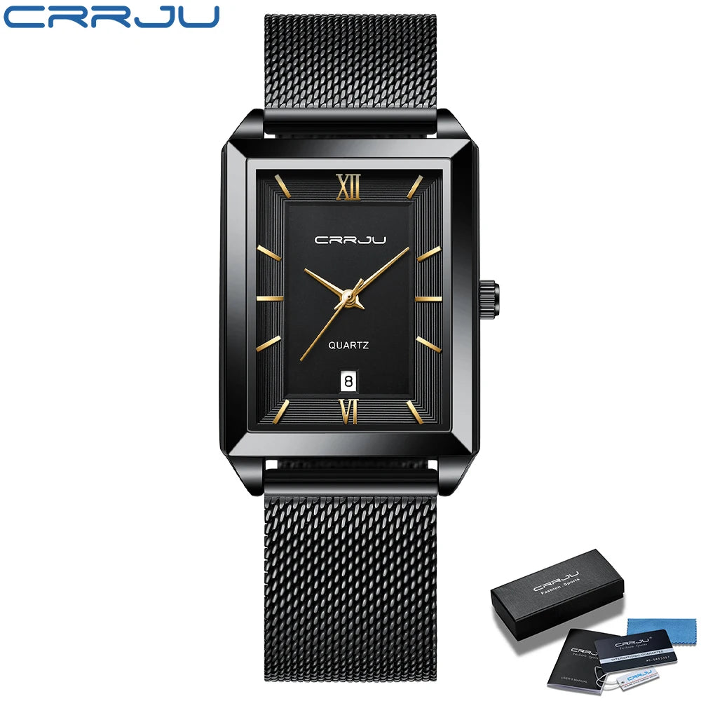 Crrju luxo relógio de ouro masculino quadrado japão quartzo fino malha aço à prova dwaterproof água esportes data automática relógios pulso relogio masculino