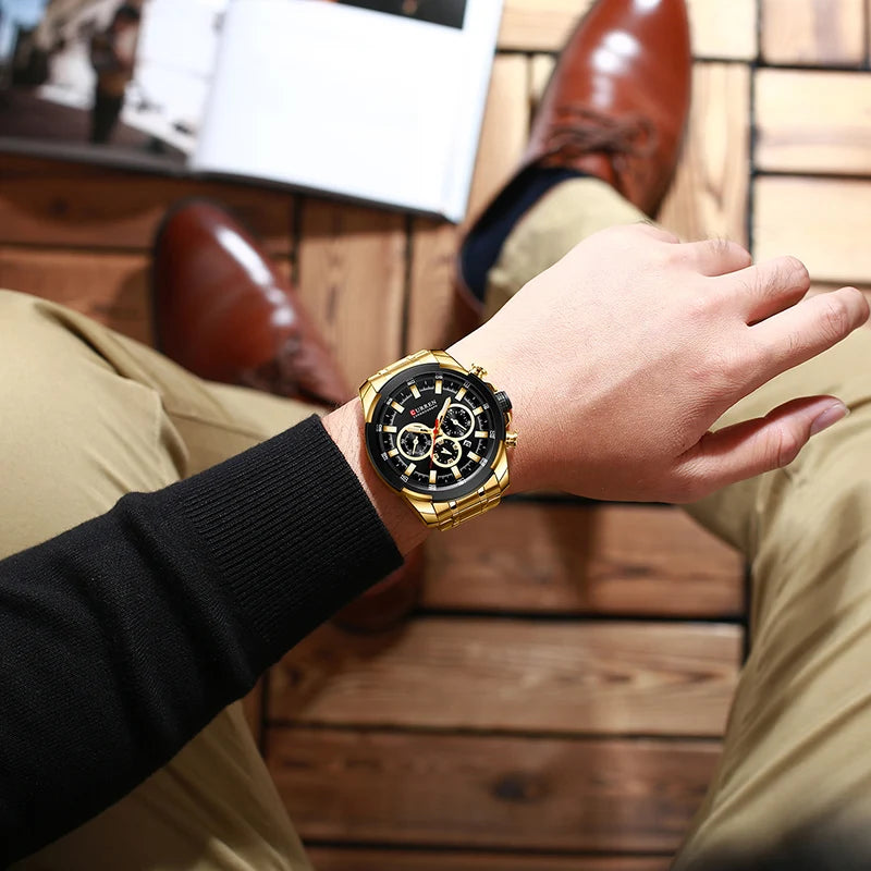 Curren relógios masculinos marca superior grande esporte relógio de luxo militar aço quartzo relógios pulso cronógrafo design ouro relógio masculino