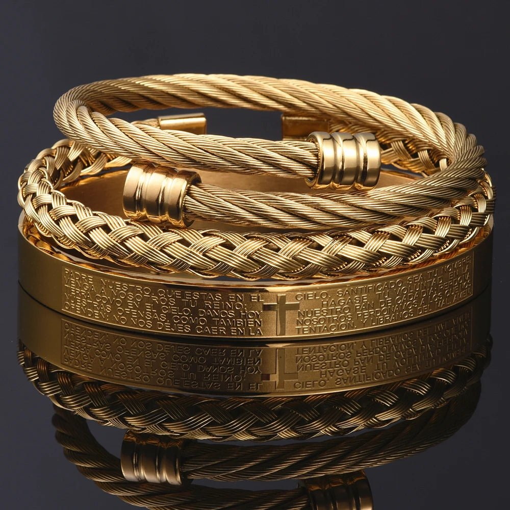 Conjunto de braceletes cruzados em aço inoxidável para homens, escultura em escrituras espanholas, jóias de luxo, Hip Hop, aberto, marca