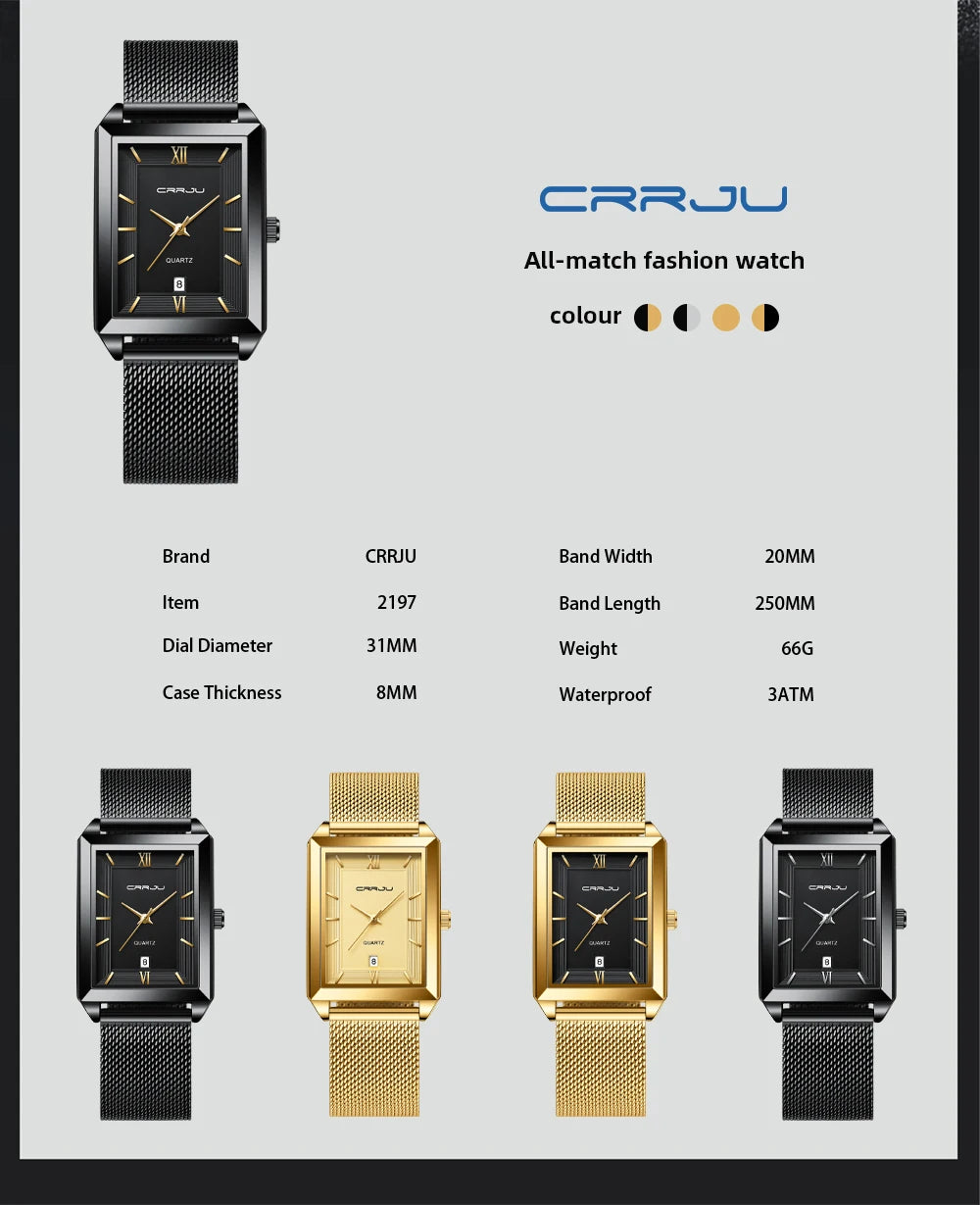 Crrju luxo relógio de ouro masculino quadrado japão quartzo fino malha aço à prova dwaterproof água esportes data automática relógios pulso relogio masculino