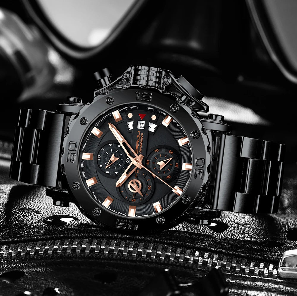 Relogio masculino crrju esporte cronógrafo relógios masculinos marca superior de luxo aço completo relógio quartzo à prova dwaterproof água grande dial relógio masculino