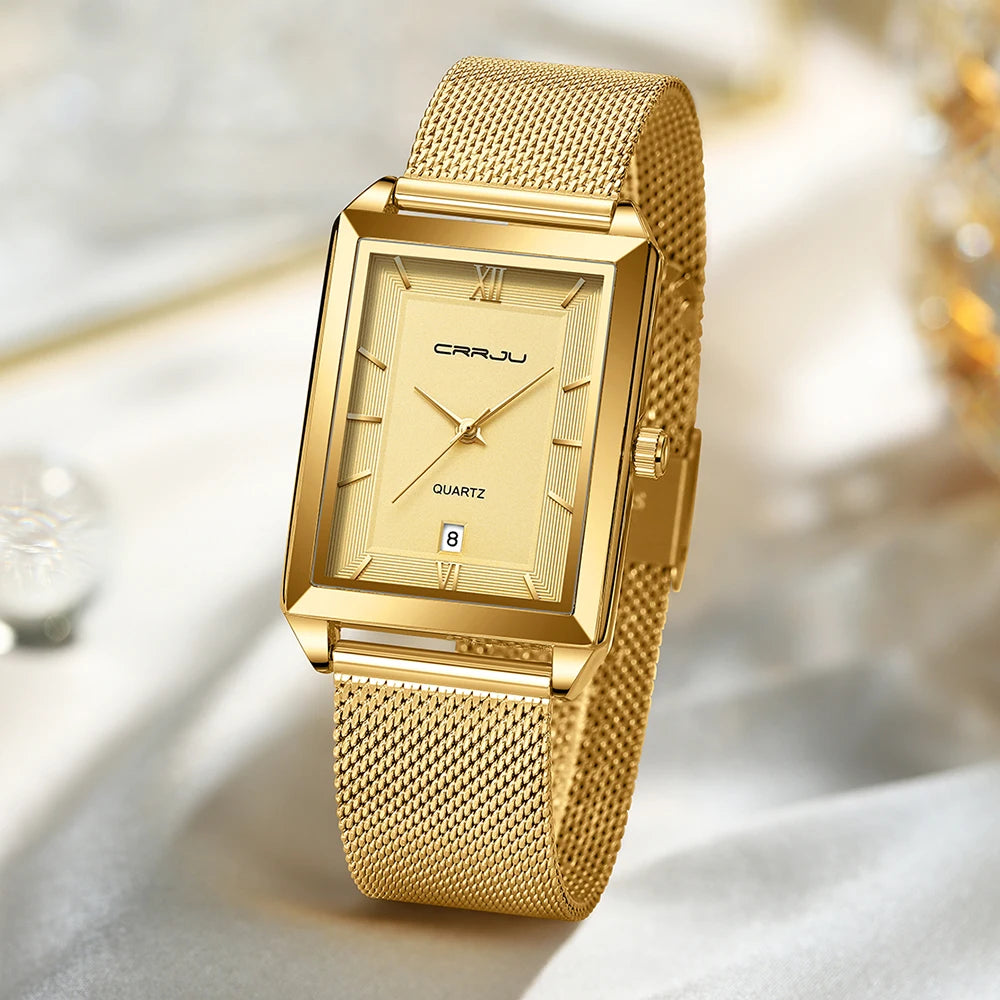 Crrju luxo relógio de ouro masculino quadrado japão quartzo fino malha aço à prova dwaterproof água esportes data automática relógios pulso relogio masculino