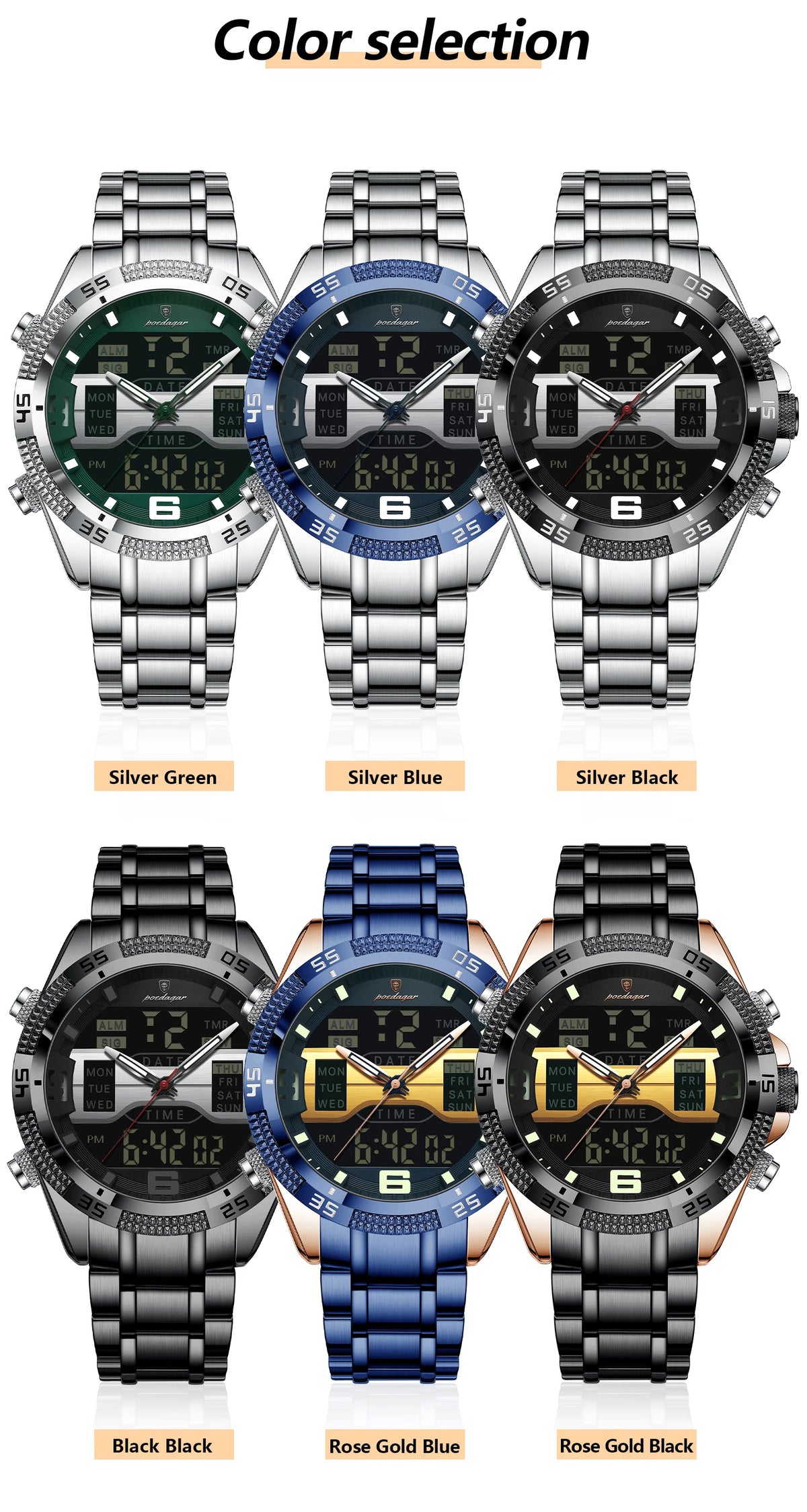 Poedagar led relógio de luxo masculino esportes dupla exibição tempo digital luminoso semana data homem relógio de pulso eletrônico quartzo relógios masculinos