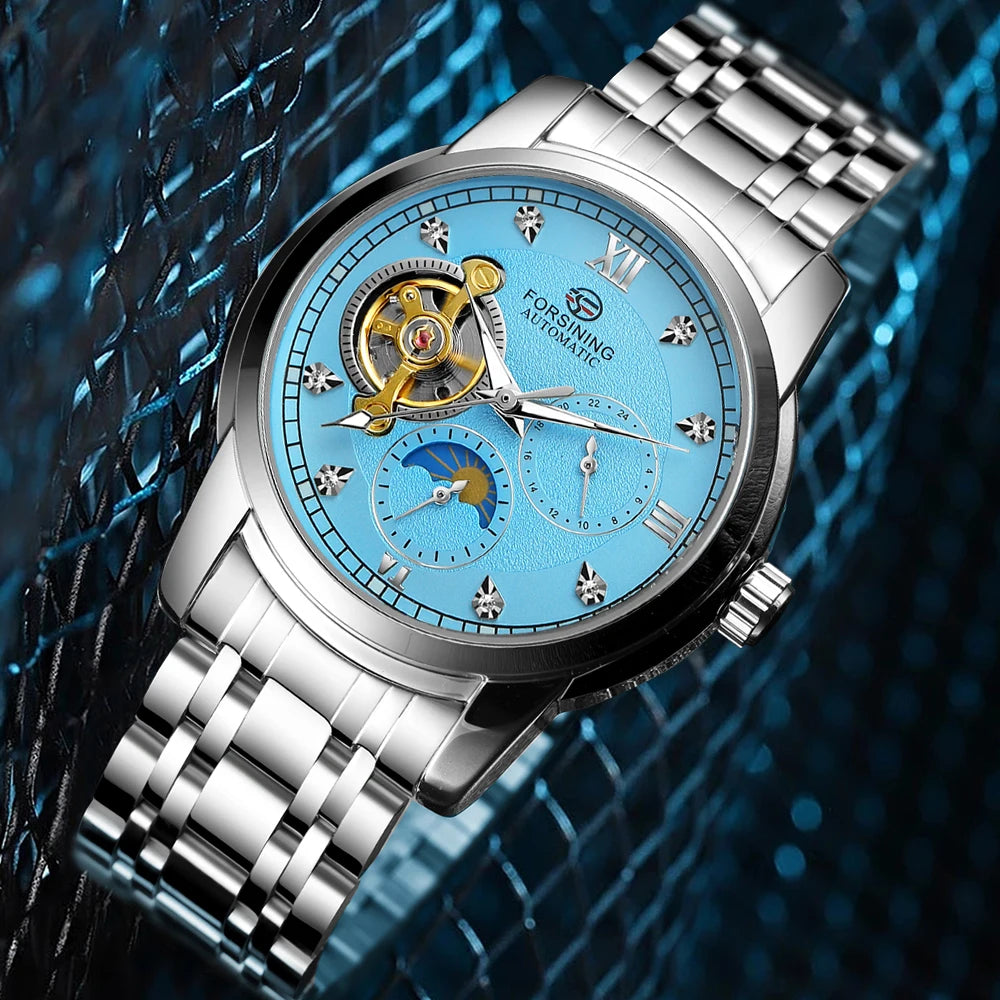 Forsining moda masculina luxo negócios pulseira de metal turbilhão luminoso relógio mecânico automático diamante artificial relógio de pulso