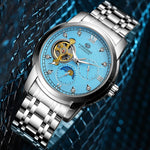 Forsining moda masculina luxo negócios pulseira de metal turbilhão luminoso relógio mecânico automático diamante artificial relógio de pulso
