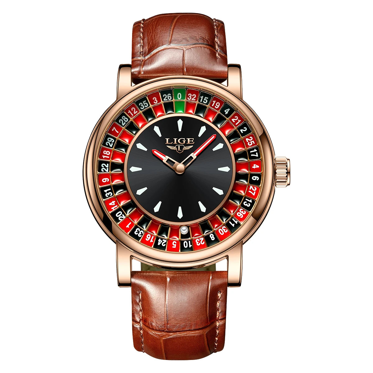 Lige moda couro marrom relógio masculino mostrador rotativo las vegas roleta tema de mesa relógio masculino à prova dwaterproof água relógios luminosos