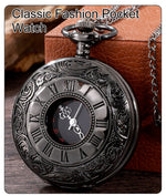 Relógio de bolso Steampunk com corrente para homens e mulheres, colar com pingente, charme vintage, preto, número romano, quartzo, moda unissex, presente