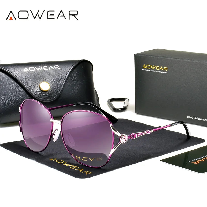 Aowear marca vintage polarizado óculos de sol feminino alta qualidade diamante oversized gradiente óculos de sol lunette de soleil