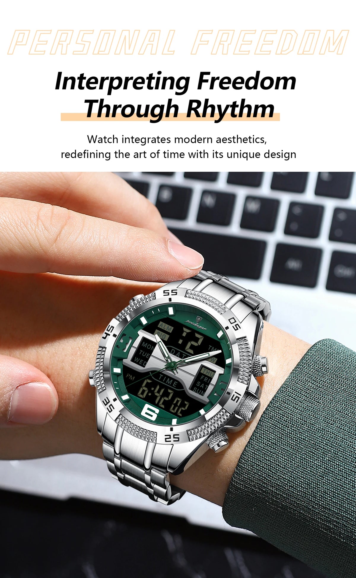 Poedagar led relógio de luxo masculino esportes dupla exibição tempo digital luminoso semana data homem relógio de pulso eletrônico quartzo relógios masculinos