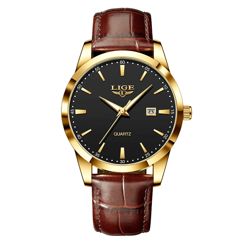 Lige moda relógio de couro marrom masculino militar esportes quartzo relógios de pulso casual à prova dwaterproof água cronógrafo relogios masculino