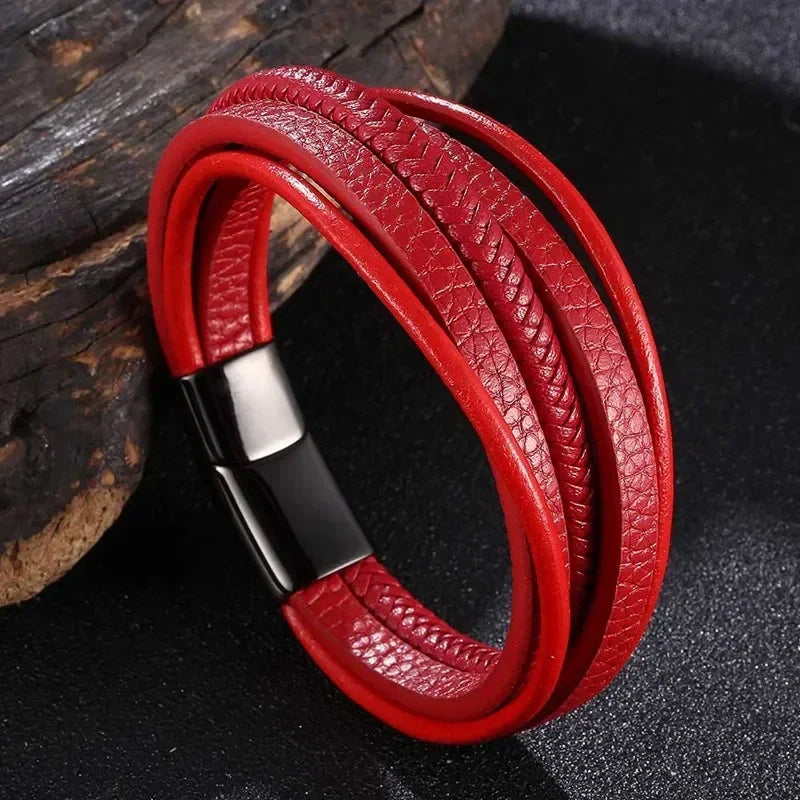 Moda pulseiras de couro vermelho masculino aço inoxidável multicamadas trançado corda pulseiras para mulheres pulseira jóias presentes sp1076