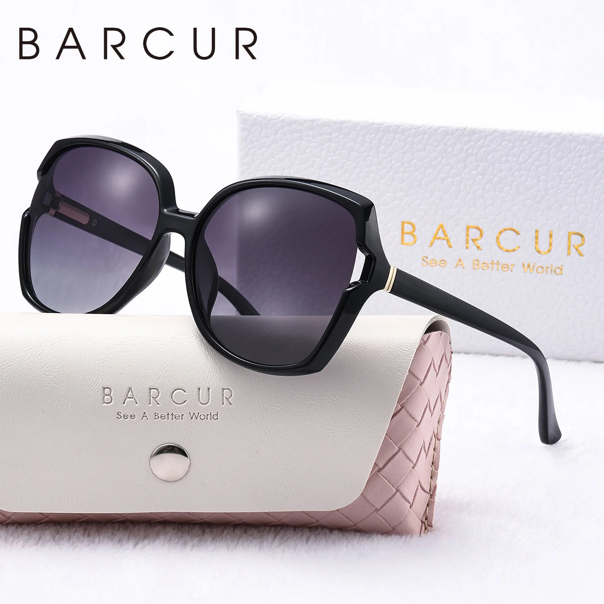 Barrcur moda feminina óculos de sol cores gradientes pc elíptico grande quadro uva/b polarizado óculos de sol branco pacote caixa de presente