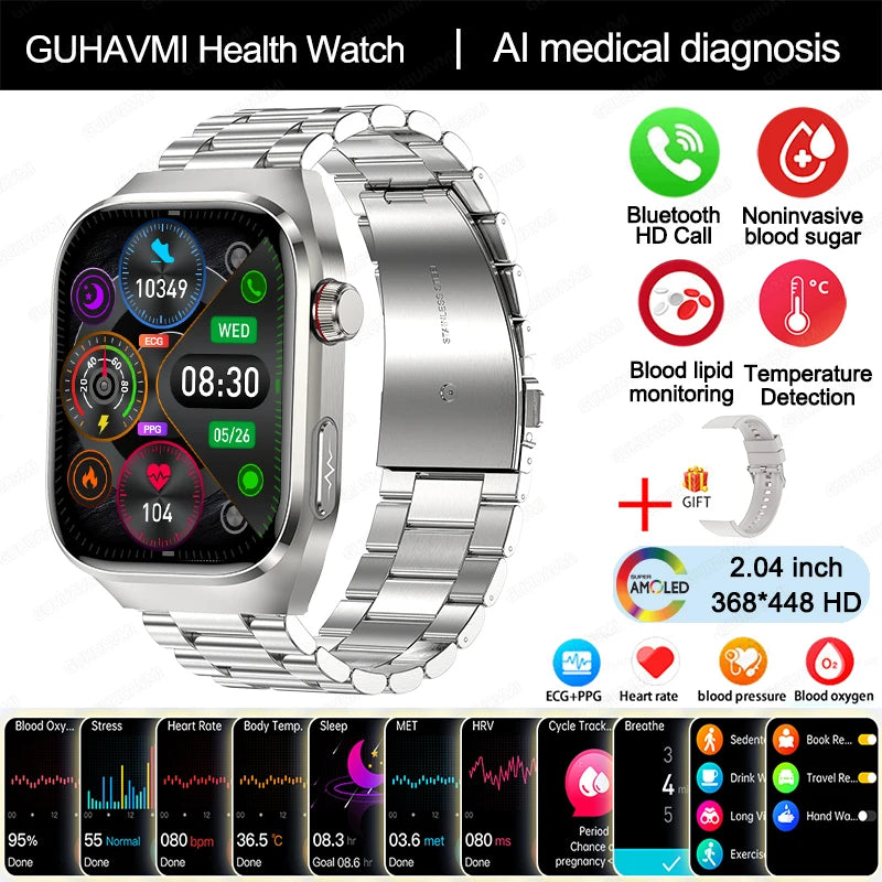 2024 novo grau médico ácido úrico gordura no sangue smartwatch ecg glicose no sangue freqüência cardíaca pressão arterial monitoramento de saúde relógio inteligente