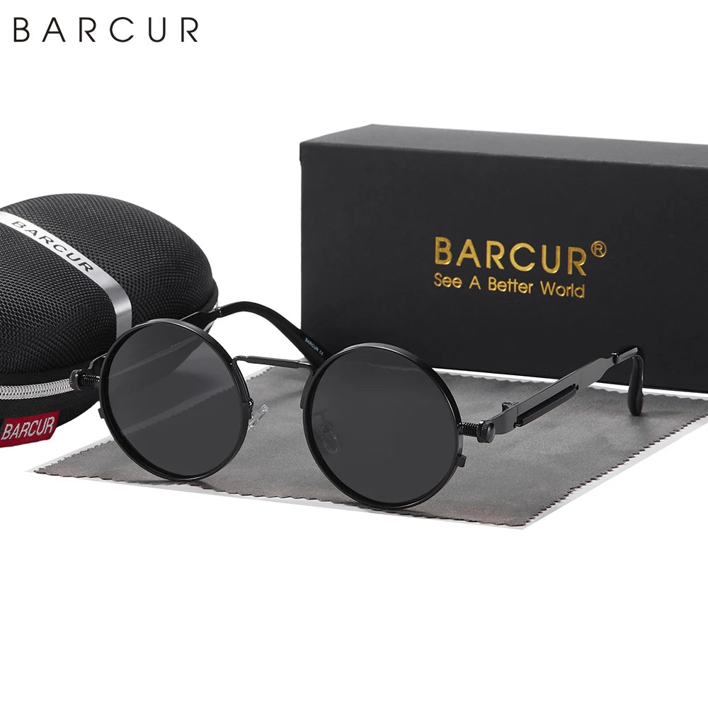 Barcur-redondo óculos de sol para homens e mulheres, polarizada, retro, steampunk, estilo vintage, uv400, acessório