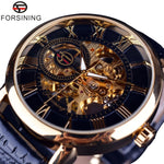 Forsining logotipo 3d design oco gravura preto caso dourado esqueleto de couro relógios mecânicos masculino marca luxo heren horloge