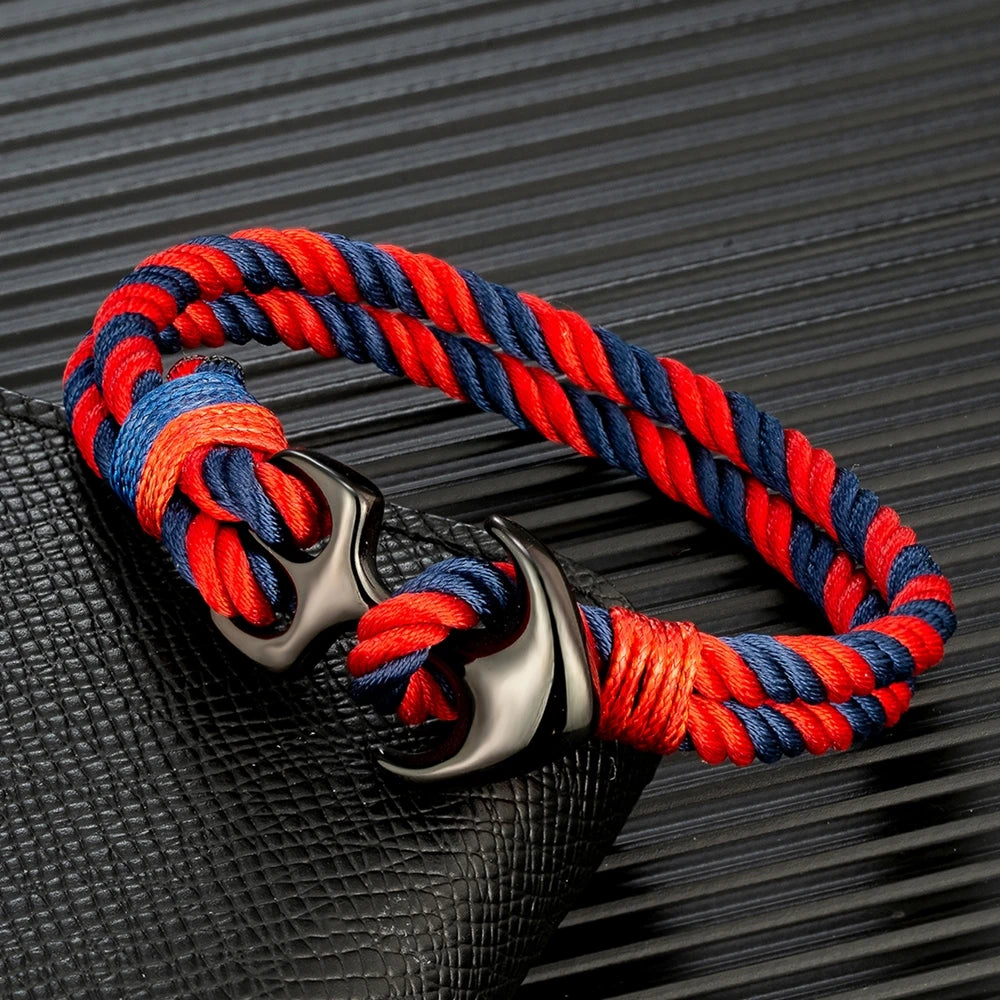 MKENDN Pulseiras de âncora masculinas, fio duplo, surfista náutico, corda à prova d'água, pulseira feminina, fivela esportiva de aço inoxidável preto