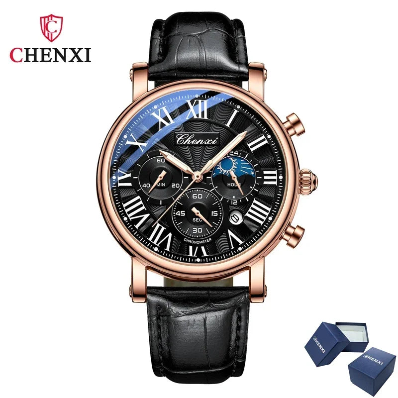 Chenxi 973 multi-função negócios fase da lua data à prova dwaterproof água roma analógico importado relógio de pulso masculino dial relógios de couro de quartzo