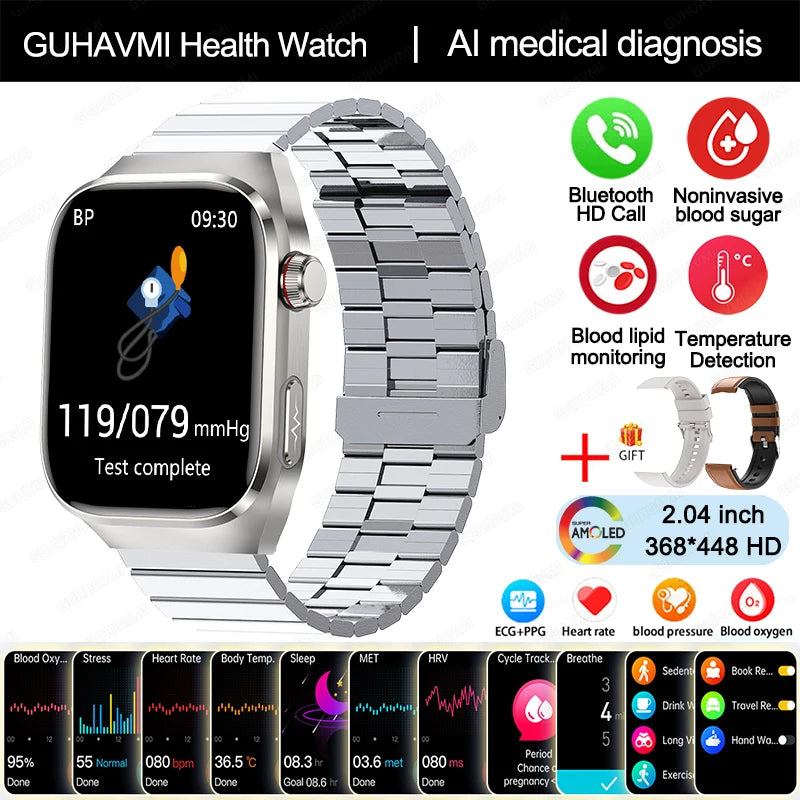 2024 novo grau médico ácido úrico gordura no sangue smartwatch ecg glicose no sangue freqüência cardíaca pressão arterial monitoramento de saúde relógio inteligente