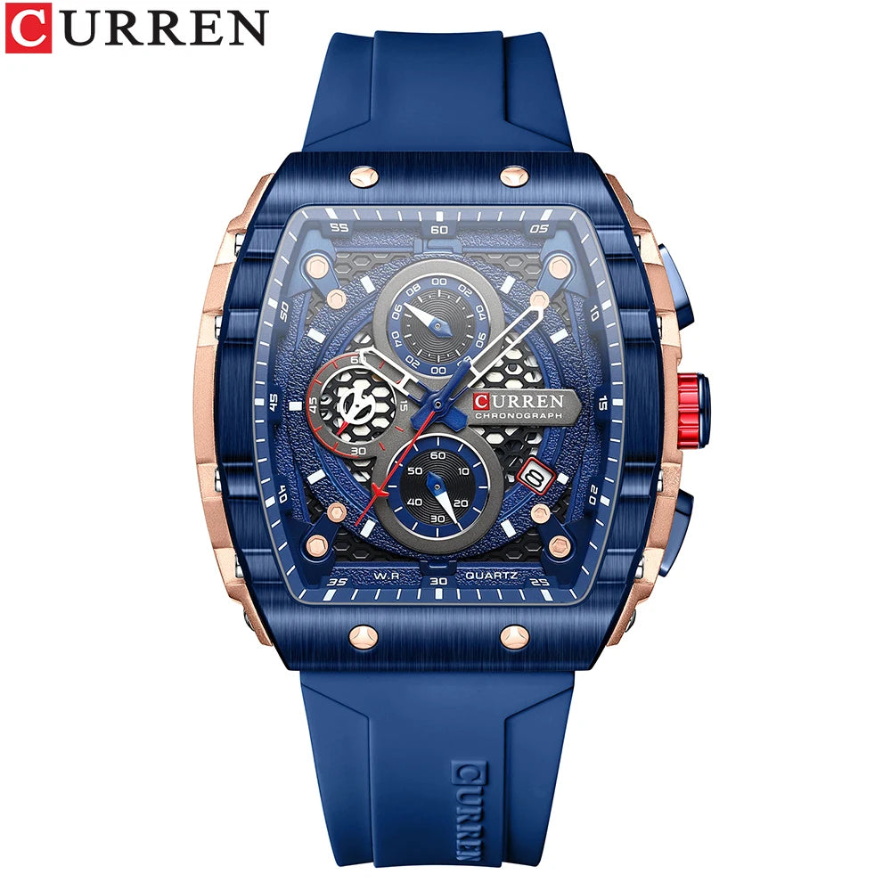 CURREN Esporte Cronógrafo Relógio de Quartzo para Homens Moda Azul Pulseira de Silicone Tonneau Dial Relógio de Pulso com Data 3atm À Prova D 'Água