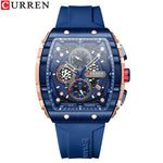 CURREN Esporte Cronógrafo Relógio de Quartzo para Homens Moda Azul Pulseira de Silicone Tonneau Dial Relógio de Pulso com Data 3atm À Prova D 'Água