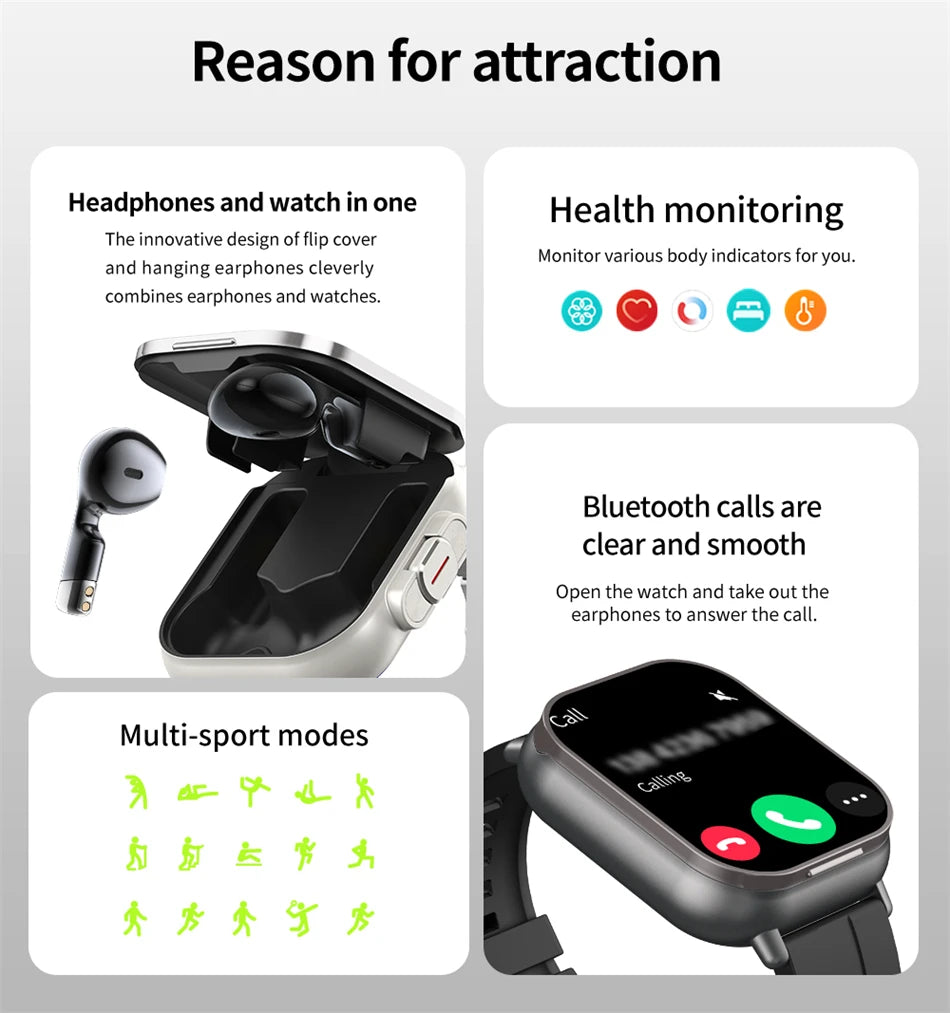 2024 relógio inteligente 2 em 1 com fone de ouvido smartwatch bluetooth chamada relógio masculino gps pista monitor freqüência cardíaca jogar música smartwatch