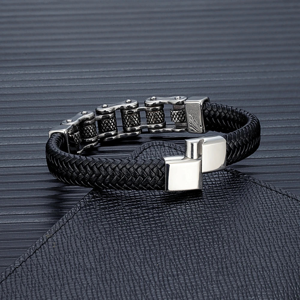 Mkendn punk masculino corrente de motociclista trançado pulseira de couro genuíno aço inoxidável fivela magnética pulseira presentes homme pulseras