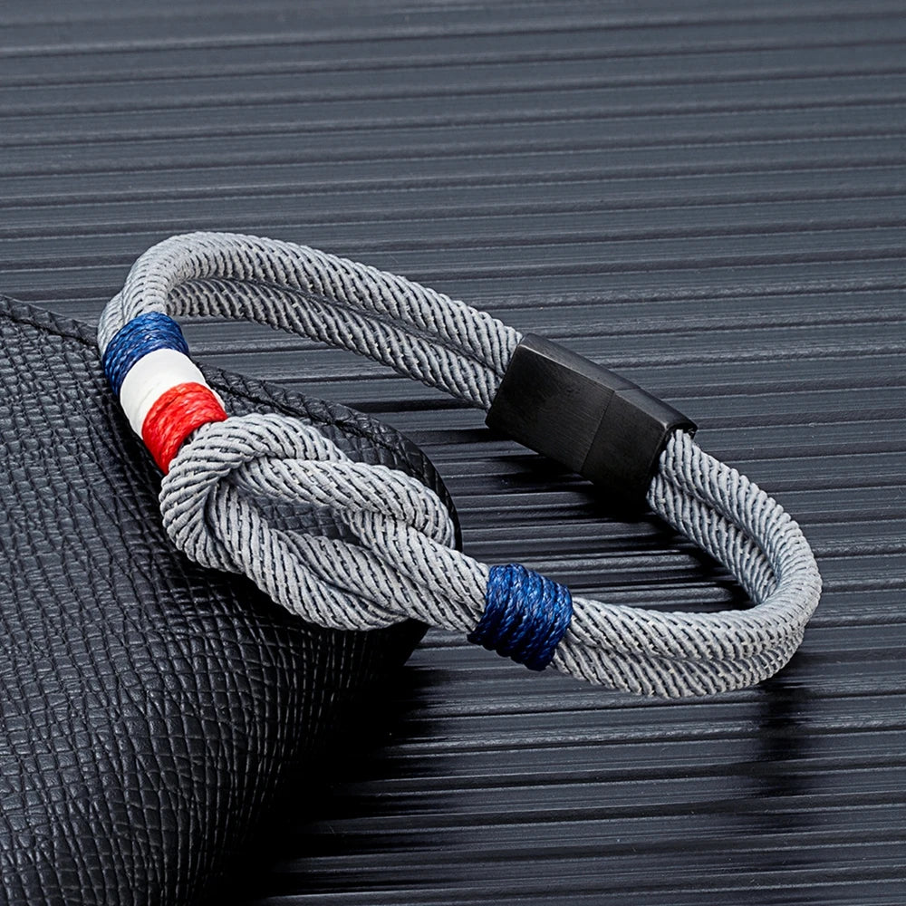 MKENDN Pulseira de corda com nó quadrado de aço inoxidável preto, masculina, feminina, feita à mão, design de camada dupla, bandeira da França, joias de casal