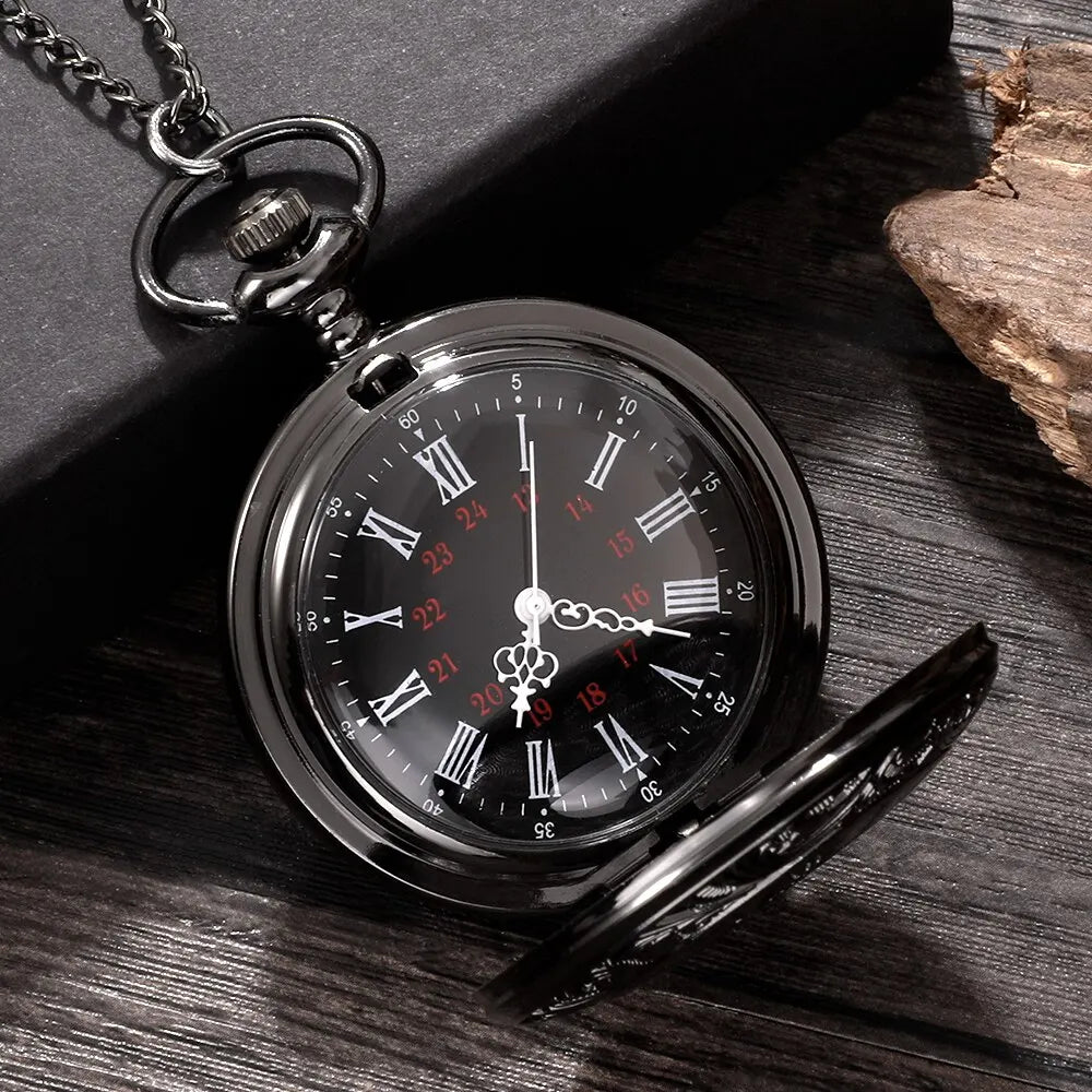 Relógio de bolso Steampunk com corrente para homens e mulheres, colar com pingente, charme vintage, preto, número romano, quartzo, moda unissex, presente