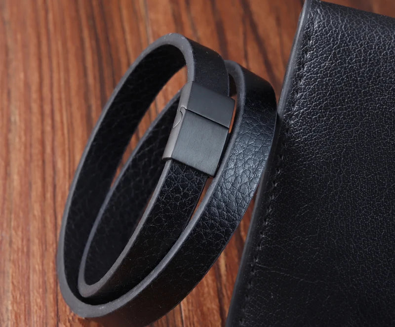 Moda trançado corda wrap preto pulseiras de couro para homens estilo clássico pulseira de aço inoxidável casal charme jóias presentes