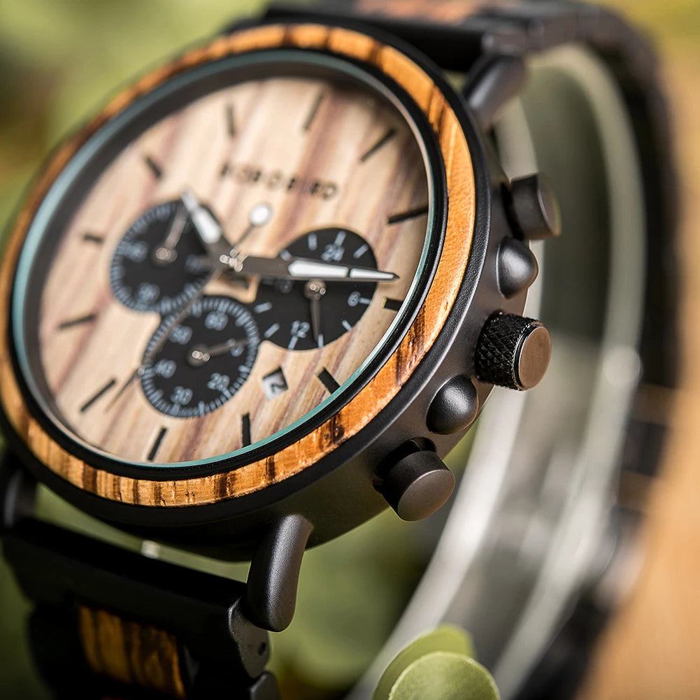 Bobobird relógio masculino de luxo, cronógrafo de quartzo, relógio de pulso personalizado, pulseira de metal e madeira, caixa de presente