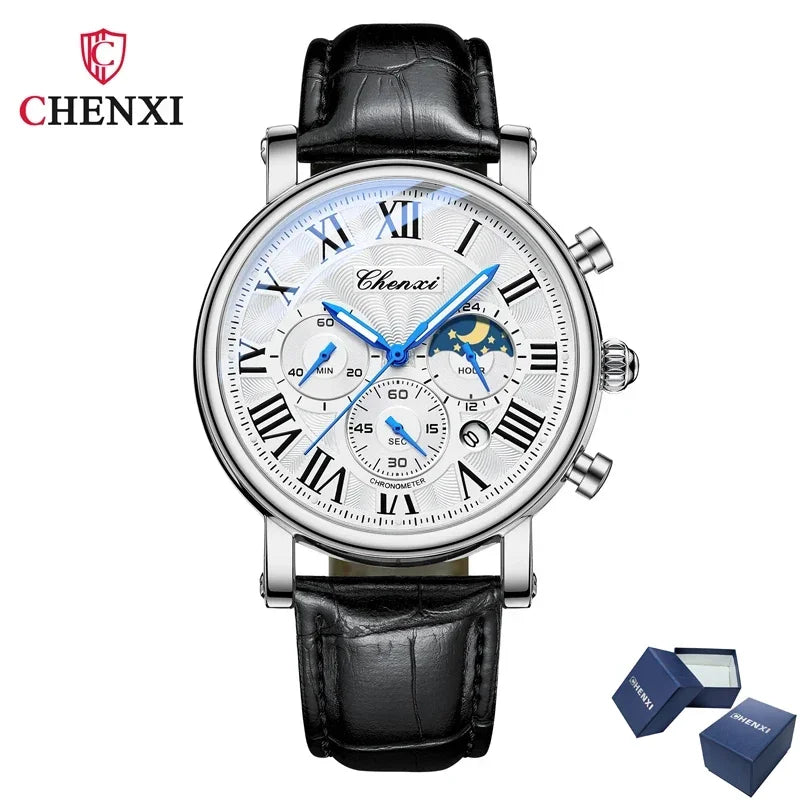 Chenxi 973 multi-função negócios fase da lua data à prova dwaterproof água roma analógico importado relógio de pulso masculino dial relógios de couro de quartzo