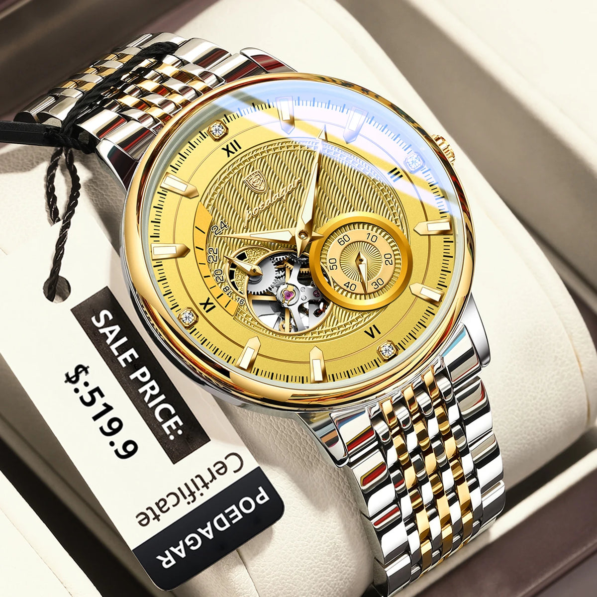 Poedagar topo de luxo relógio masculino luminoso oco tourbillon automático homem relógio de pulso mecânico aço inoxidável relógios masculinos reloj