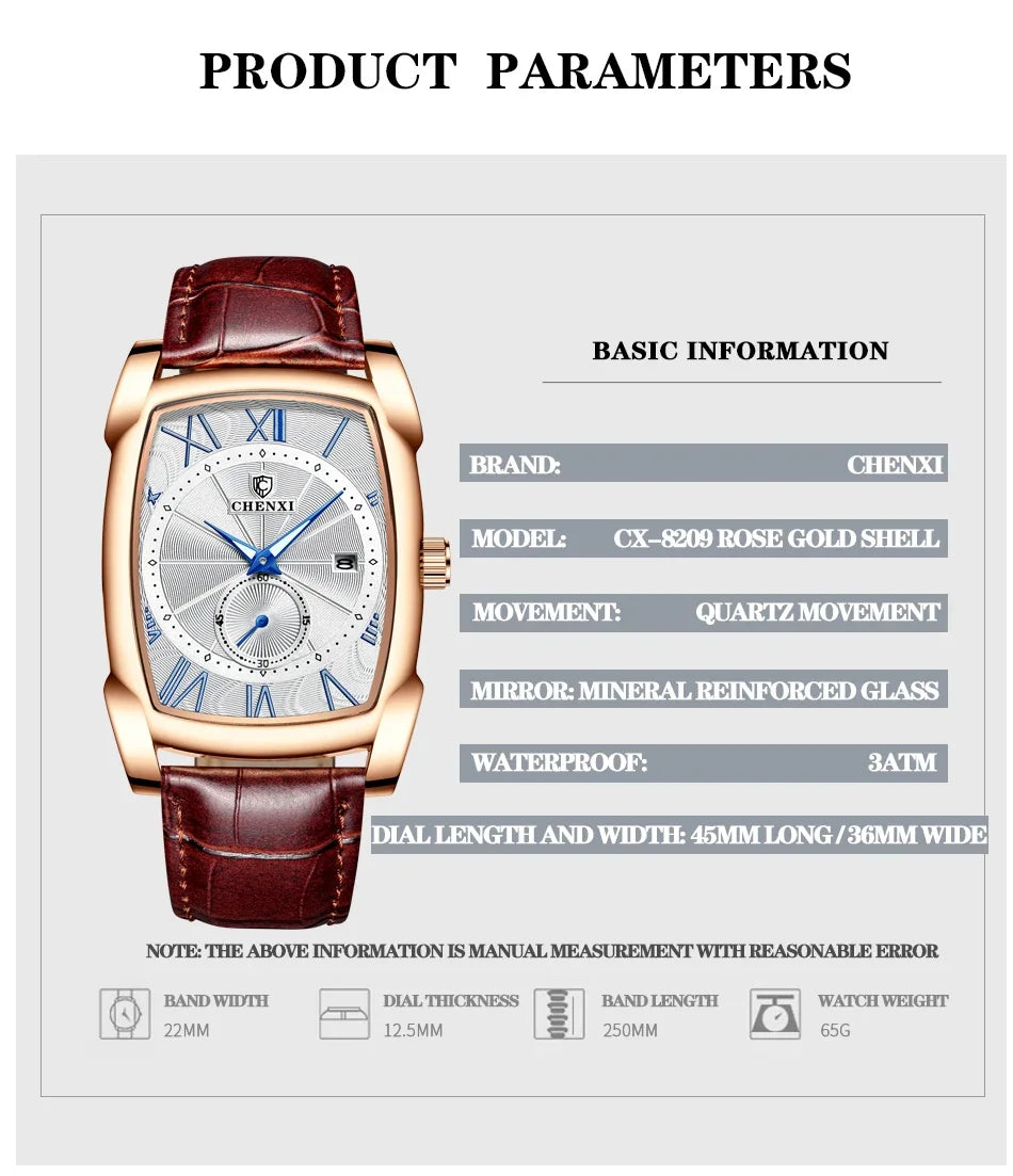 2024 CHENXI 8209 Relógios masculinos pulseira de couro casual luxo quartzo relógios de pulso quadrados à prova d'água