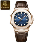 Poedagar topo de luxo quadrado homem relógio data à prova dwaterproof água luminosa relógio de pulso masculino couro alta qualidade relógios quartzo + caixa reloj