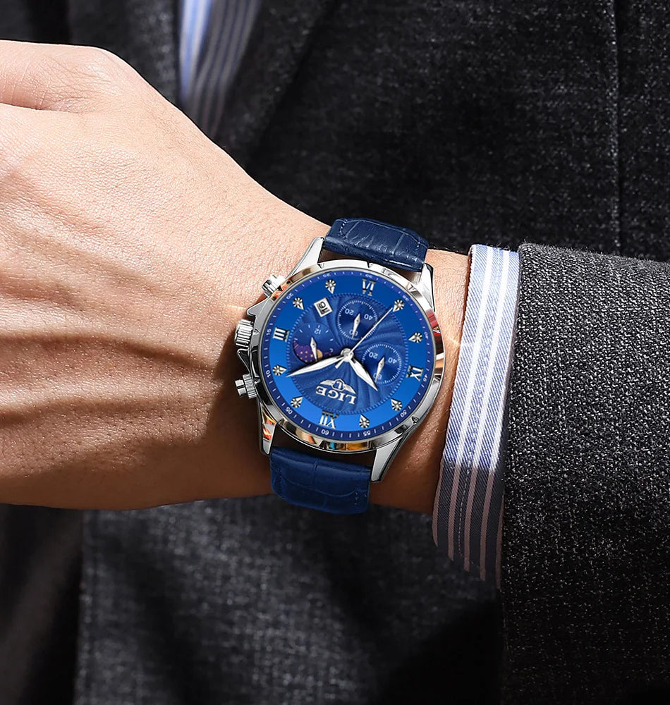 Novos relógios masculinos lige marca superior de luxo couro casual relógio quartzo esporte à prova dwaterproof água relógio relogios masculino + caixa