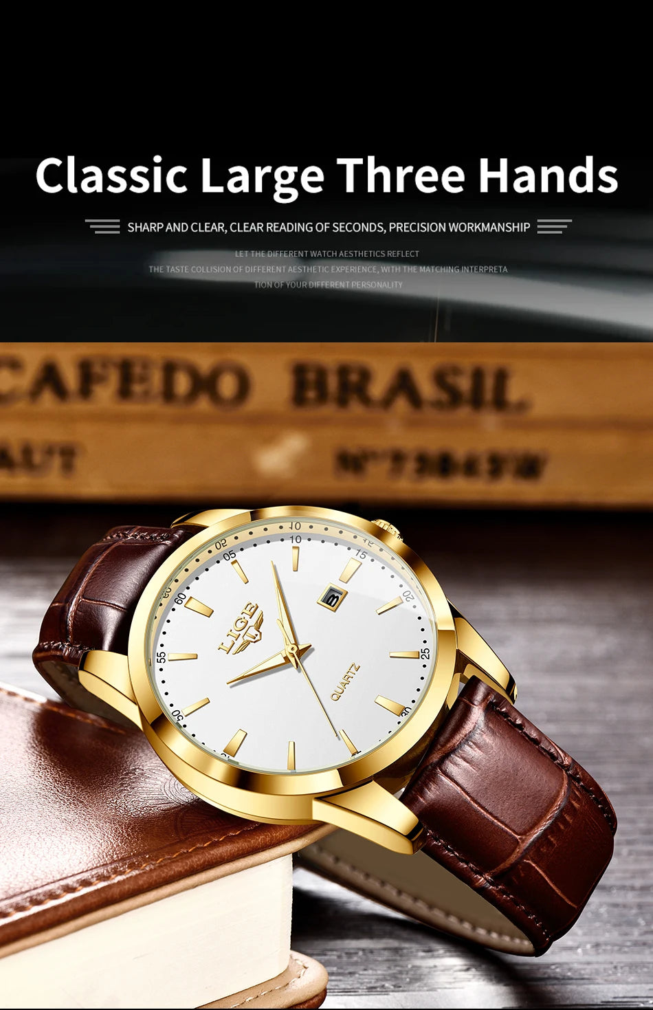 Lige moda relógio de couro marrom masculino militar esportes quartzo relógios de pulso casual à prova dwaterproof água cronógrafo relogios masculino