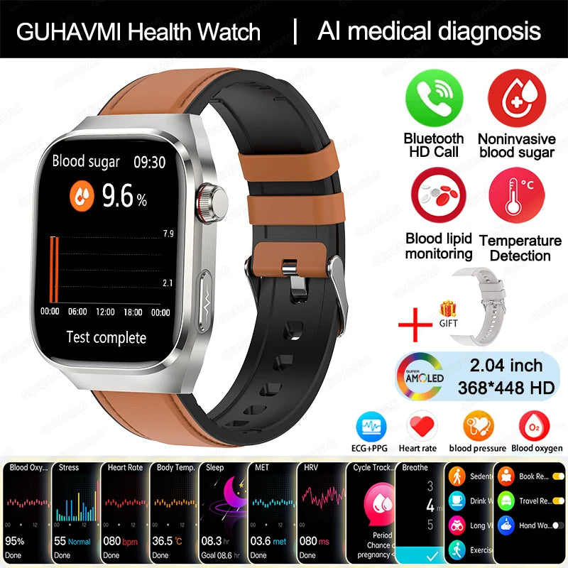 2024 novo grau médico ácido úrico gordura no sangue smartwatch ecg glicose no sangue freqüência cardíaca pressão arterial monitoramento de saúde relógio inteligente