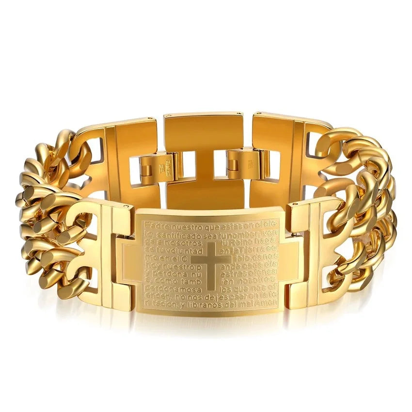 Hnsp 24mm de largura 316l aço inoxidável corrente cubana cruz pulseira para homens jóias masculino mão corrente envoltório pulseiras acessório punk